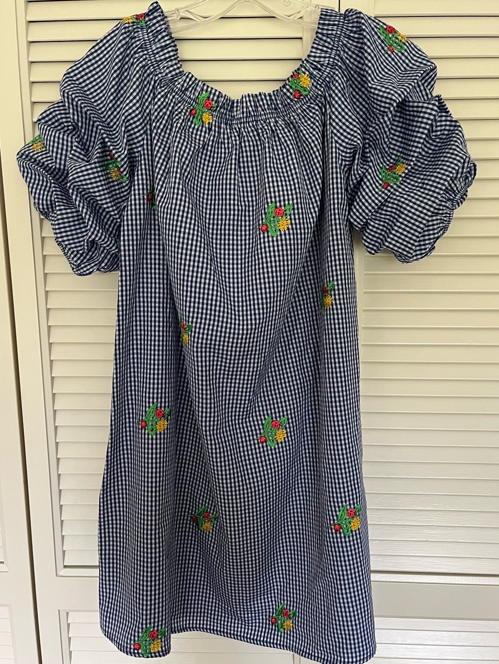 Love blue and white gingham off-the-shoulder mini dress
